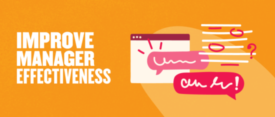improve manager effectiveness, colorful graphic with speech bubbles and browser icon on bright orange background